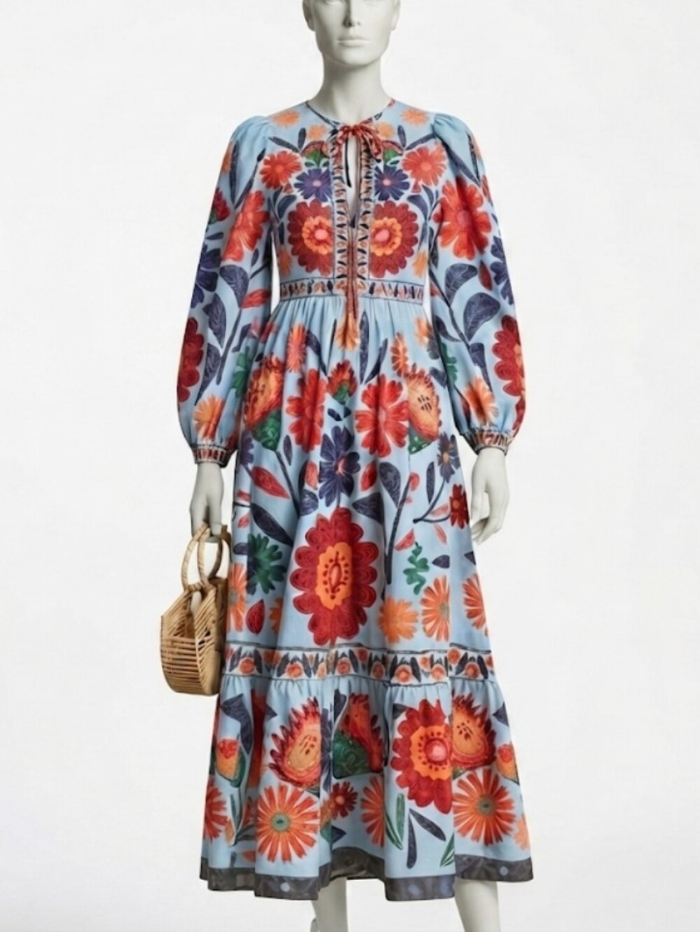 Floral Print Long Sleeve Maxi Dress - Light Blue - Picture 15 of 15